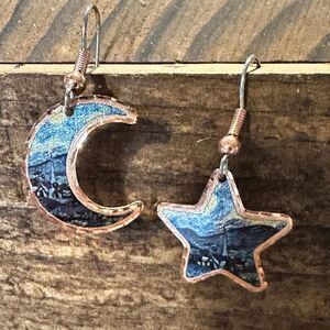 Handmade Boho Copper Earrings, Diamond Cut Van Gogh Starry Night Moon & Star Ea